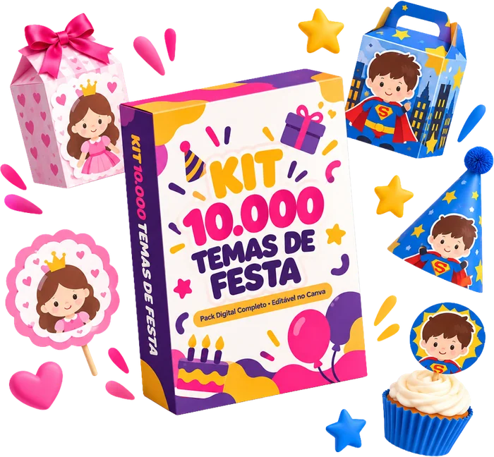 Kit com 10.000 temas de festa e exemplos de personalizados
